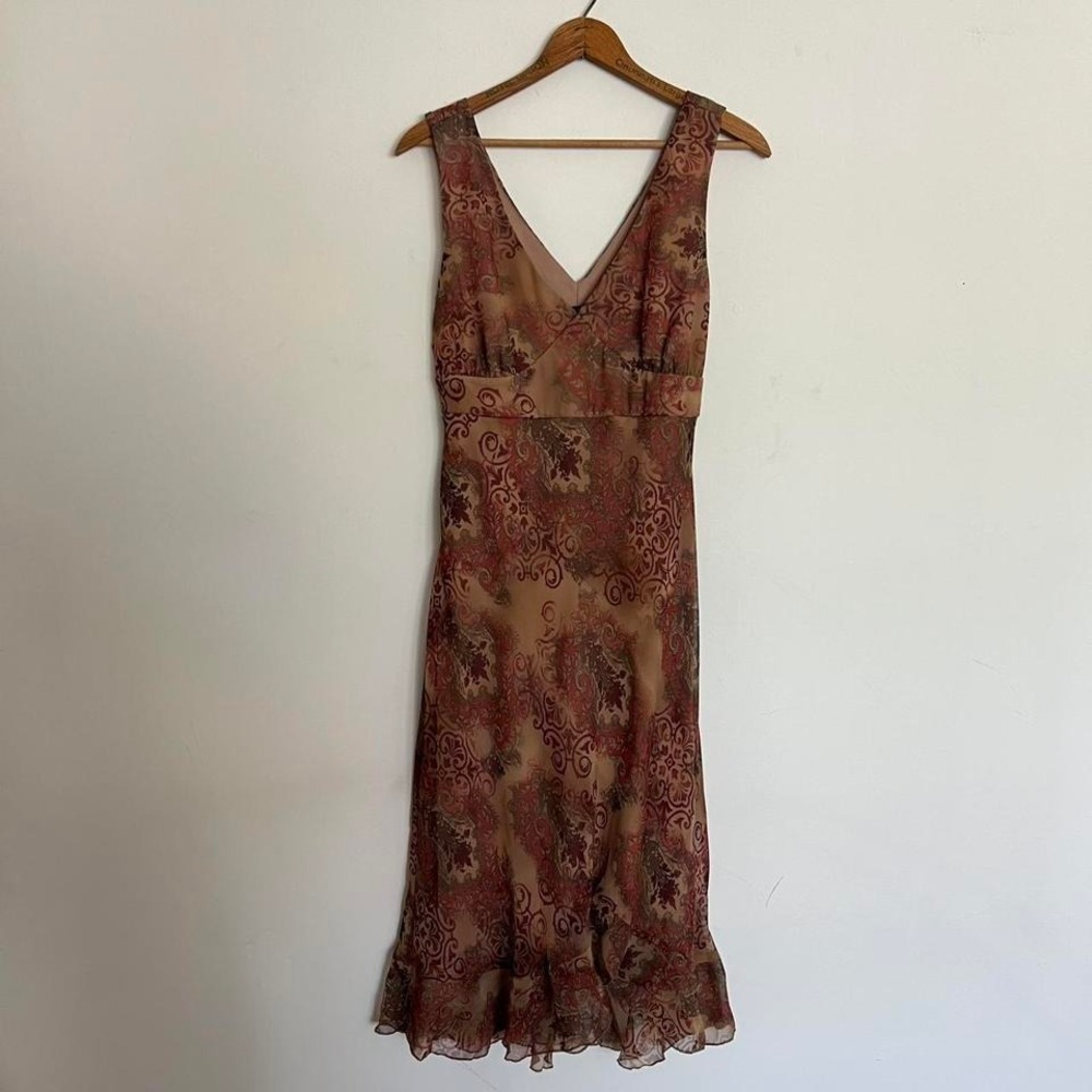Vintage Y2K 90s Orange Brown Paisley Midi Dress with Sheer Ruffle Hem M Fairy - Picture 6 of 8